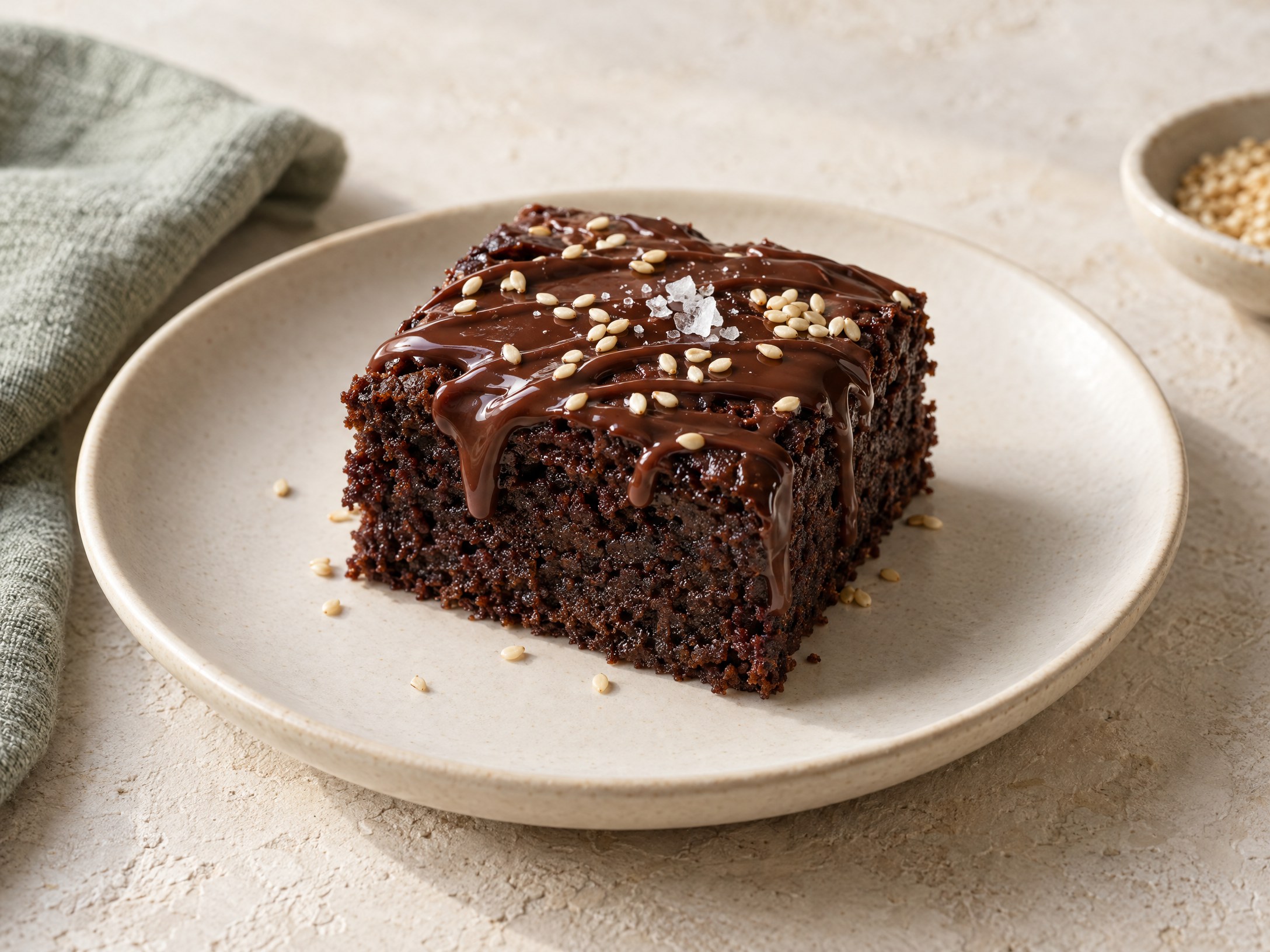 Cuadrado de pastel de chocolate y tahini